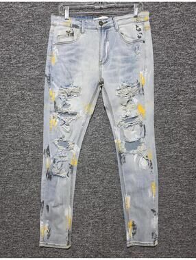 KDNK Skinny Fit Light Wash Blue Denim Jeans Distressed Paint Splatter Stretch